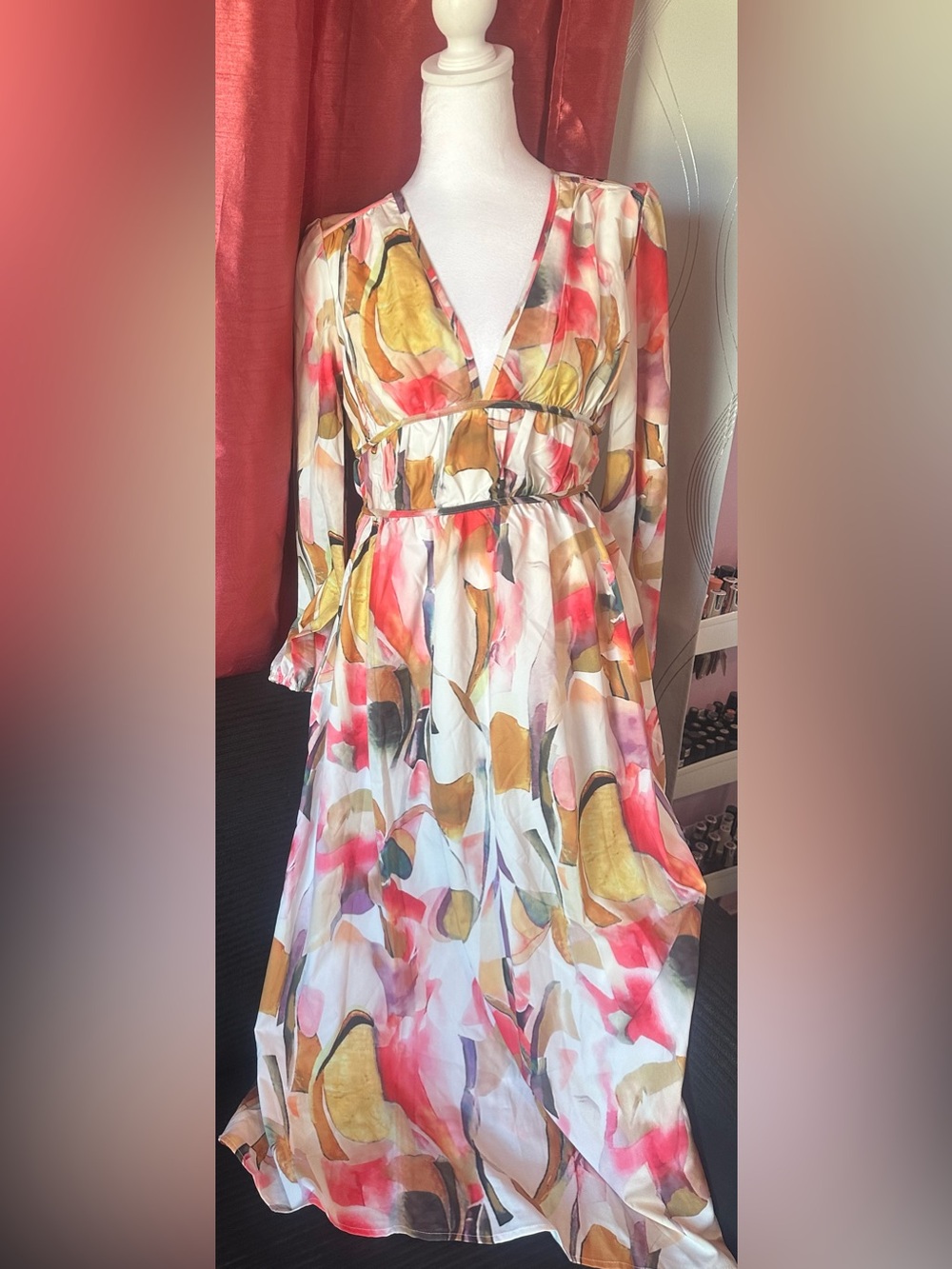 Flowing V-Neck Watercolor Print Maxi Dress - White Multicolor